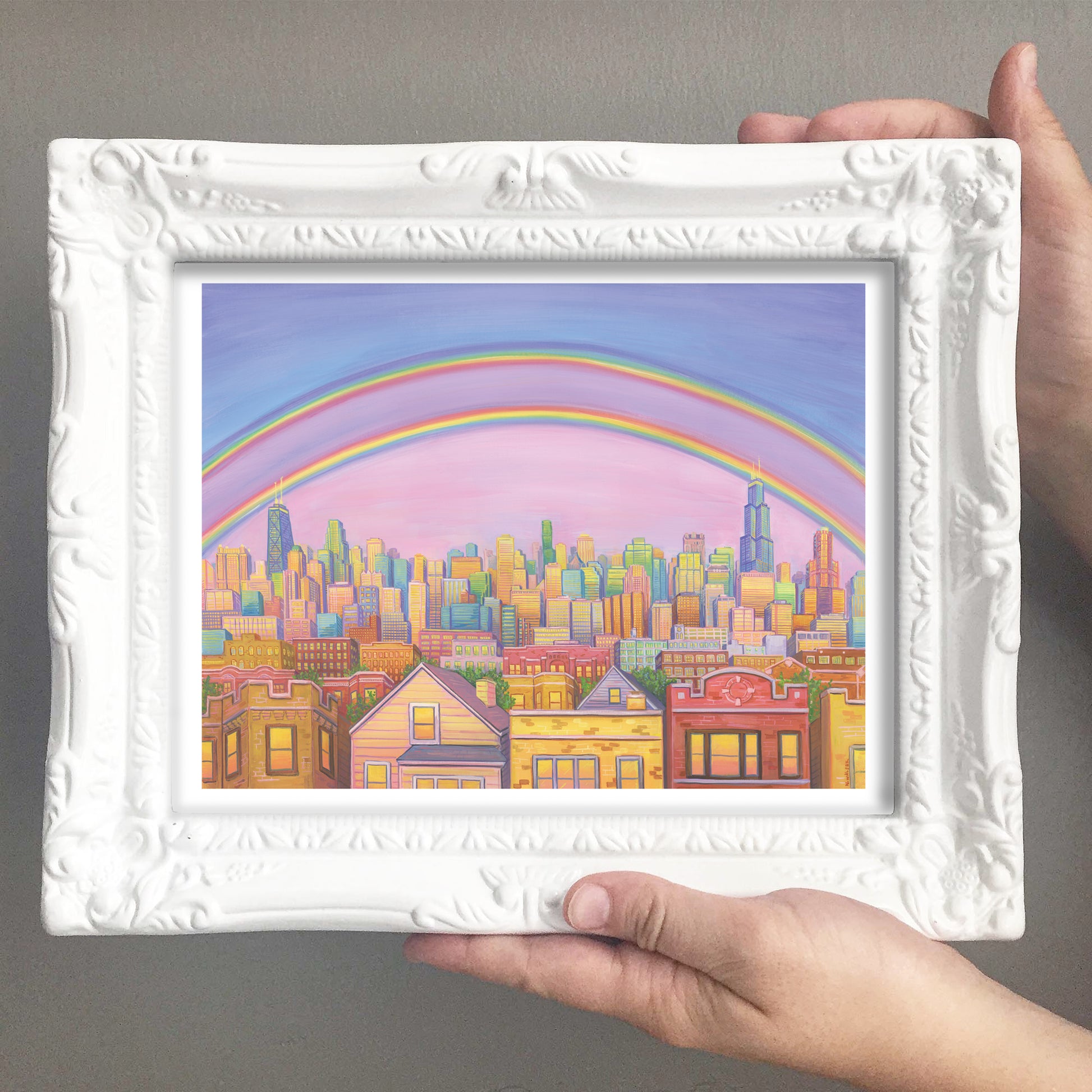 Rainbow over the city of chicago illustration