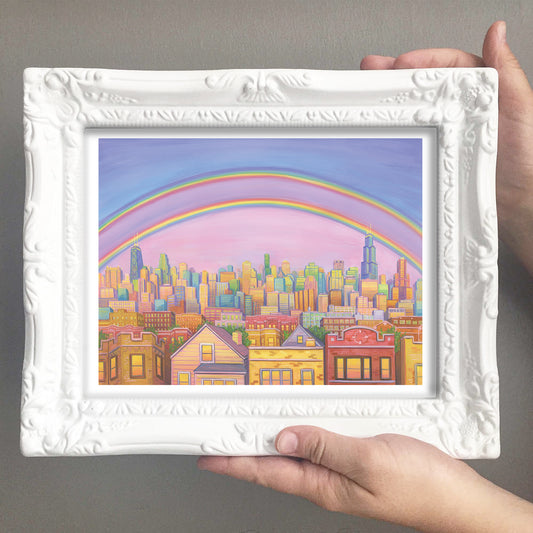 Rainbow over the city of chicago illustration