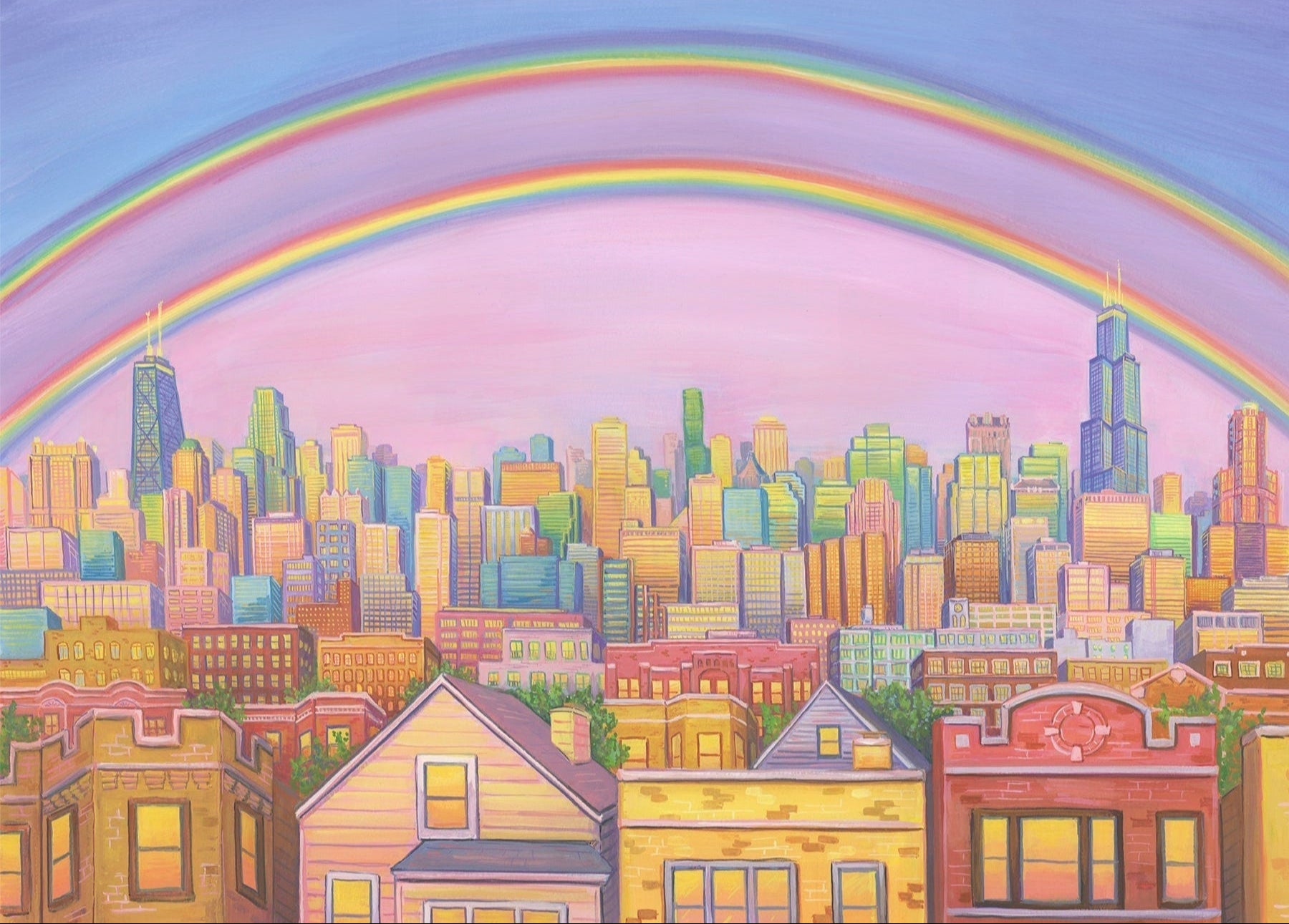 Rainbow over city illustration