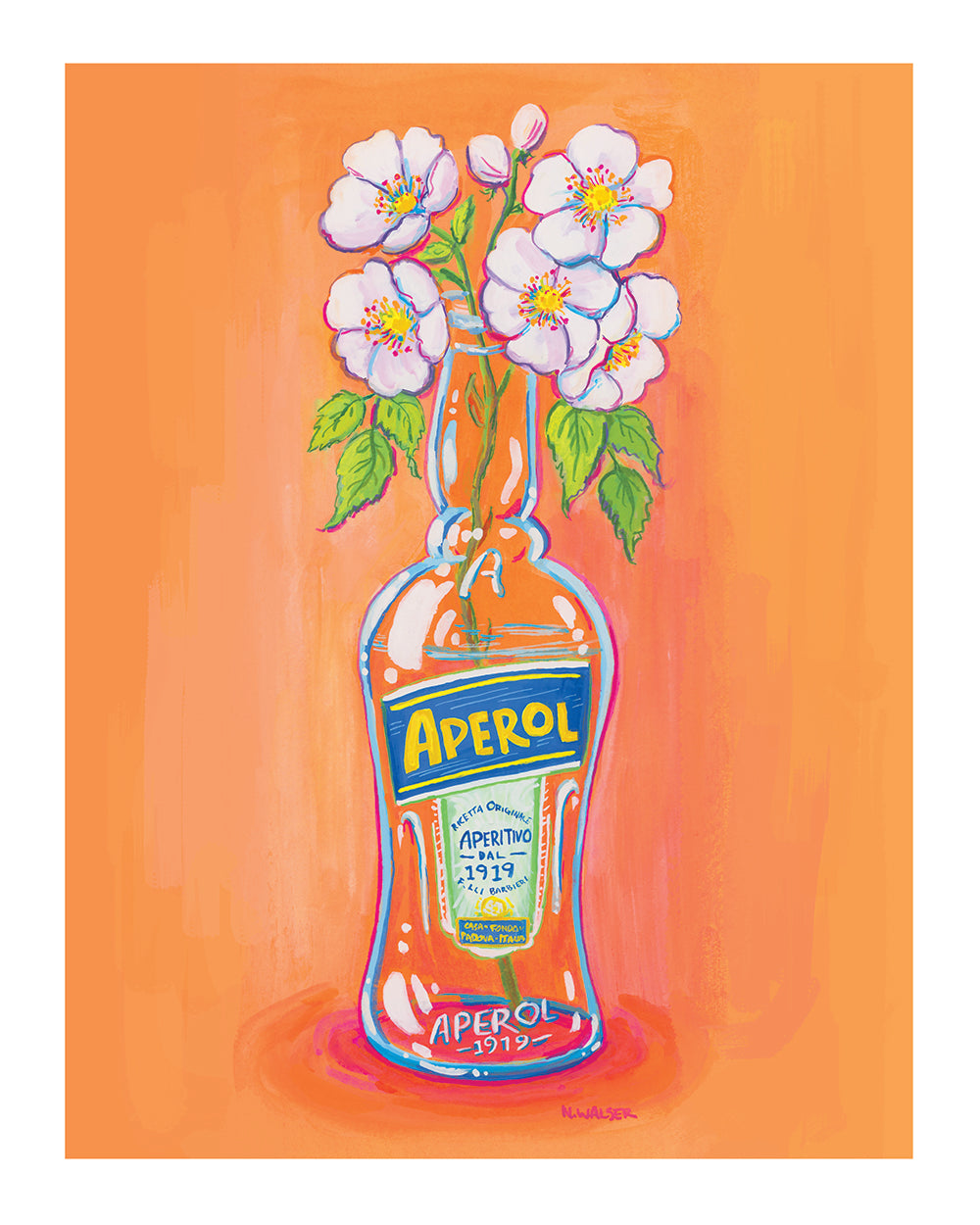 Aperol bottle with flowers on an orange background