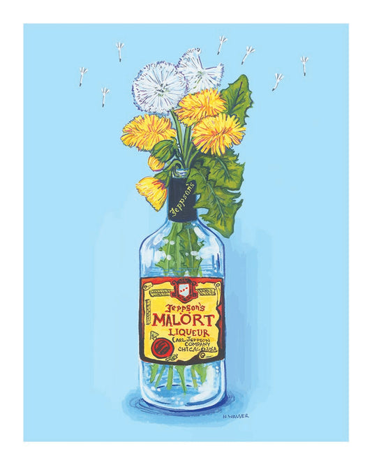 Malort Bottle with flowers and a label on a light blue background