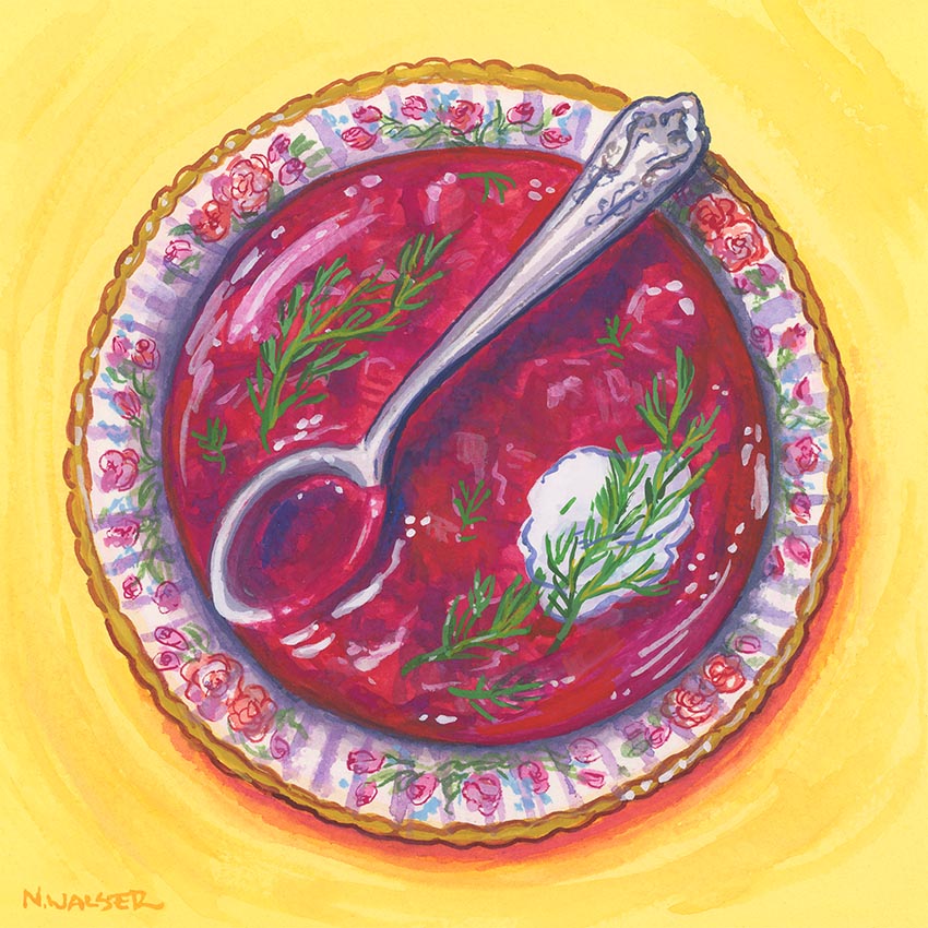 Decorative plate full of borscht, silver spoon, green dill herbs, and floral rim on a yellow background.