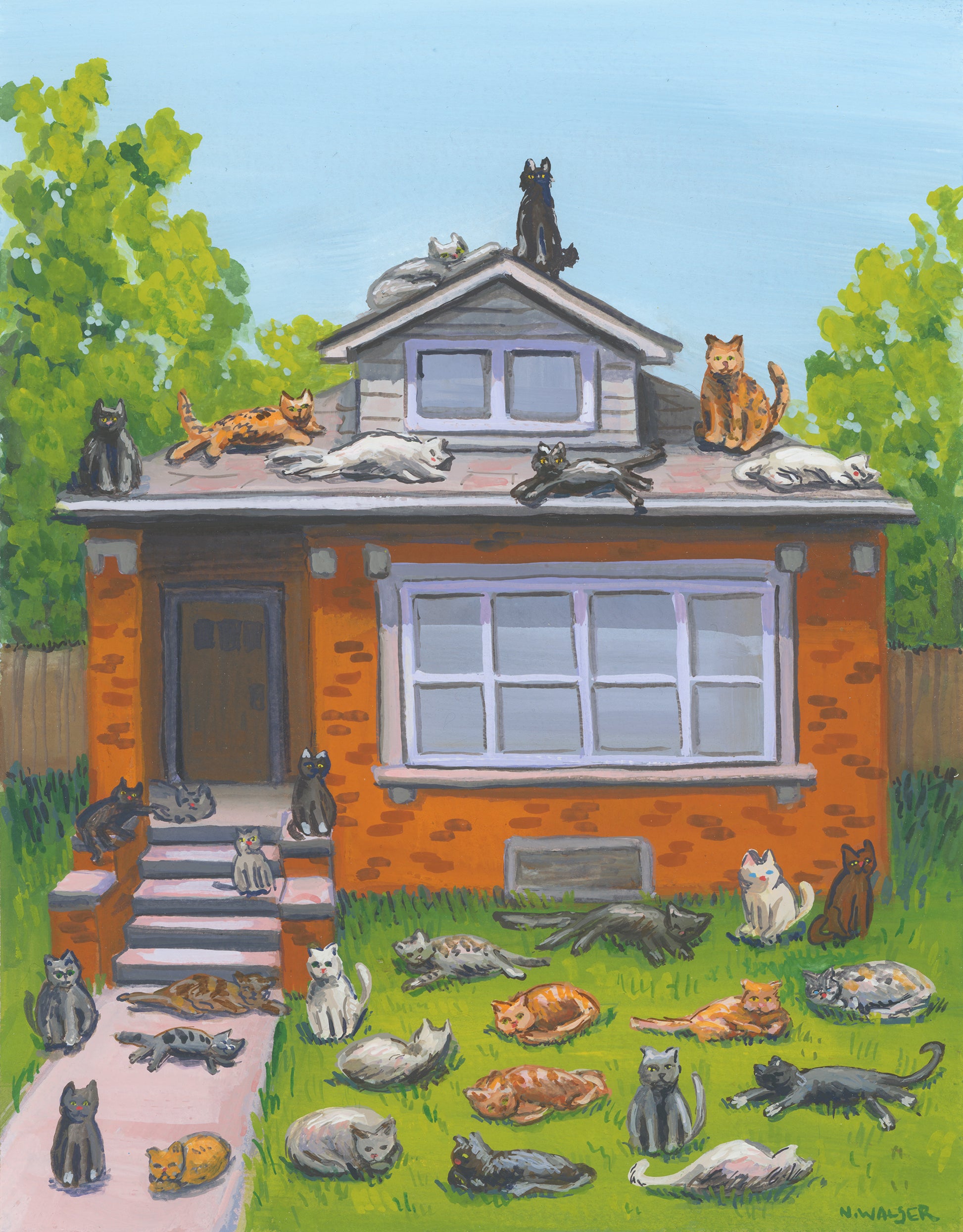 Illustration of a house with cats on and around it