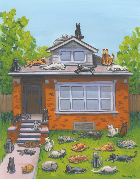 Illustration of a house with cats on and around it