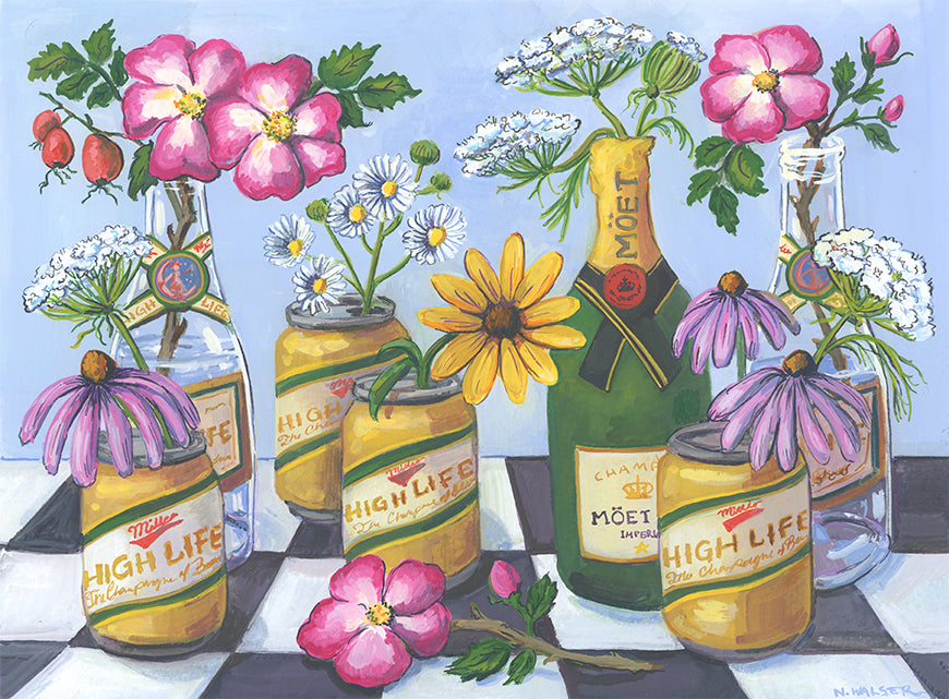 Artistic depiction of bottles labeled 'High Life' and 'Moet' with flowers in bottles on a checkered tablecloth.