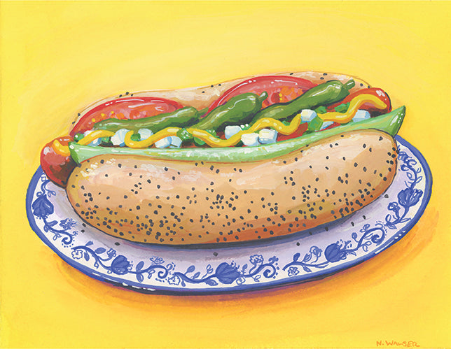 Illustration of a Chicago Style hot dog with various condiments on a decorative plate against a yellow background
