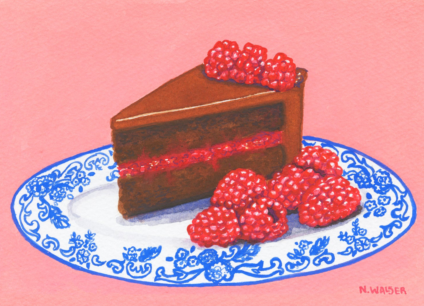 Illustration of a slice of chocolate cake with raspberries on a decorative plate against a pink background.