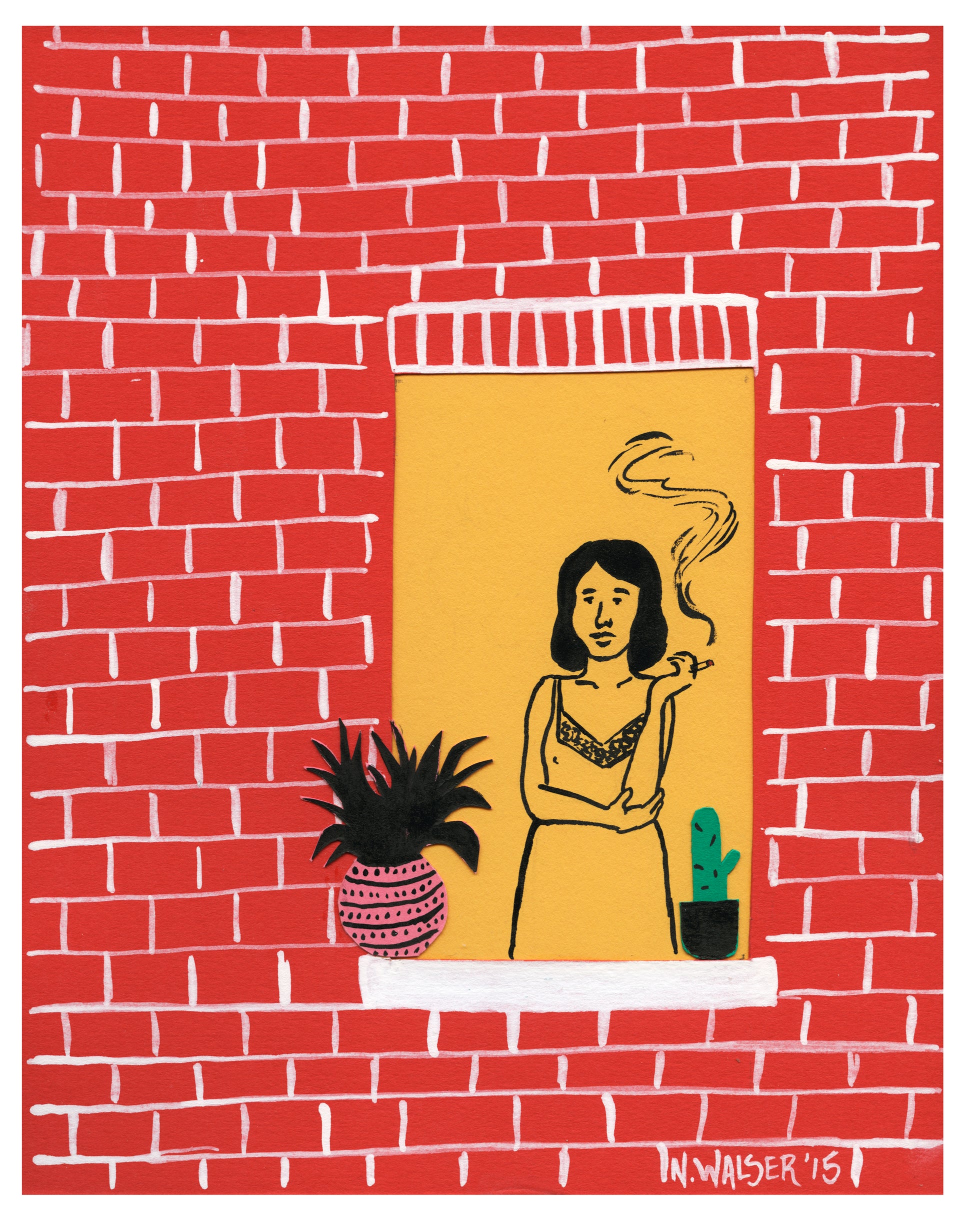 Illustration of a woman smoking a cigarette in front of a brick wall with plants.
