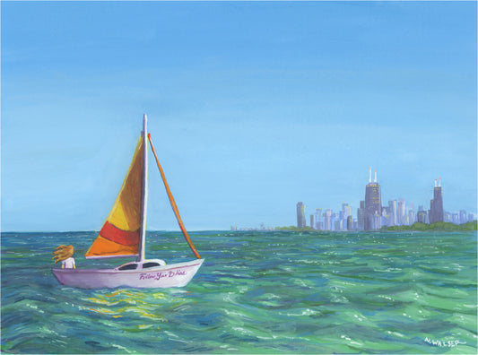 Sailboat with a colorful sail on the water, city skyline in the background