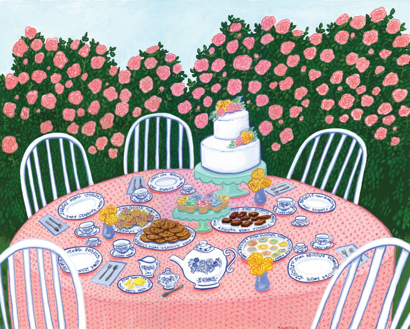 Illustration of a garden party scene with a table set for a celebration, surrounded by pink flowering bushes.