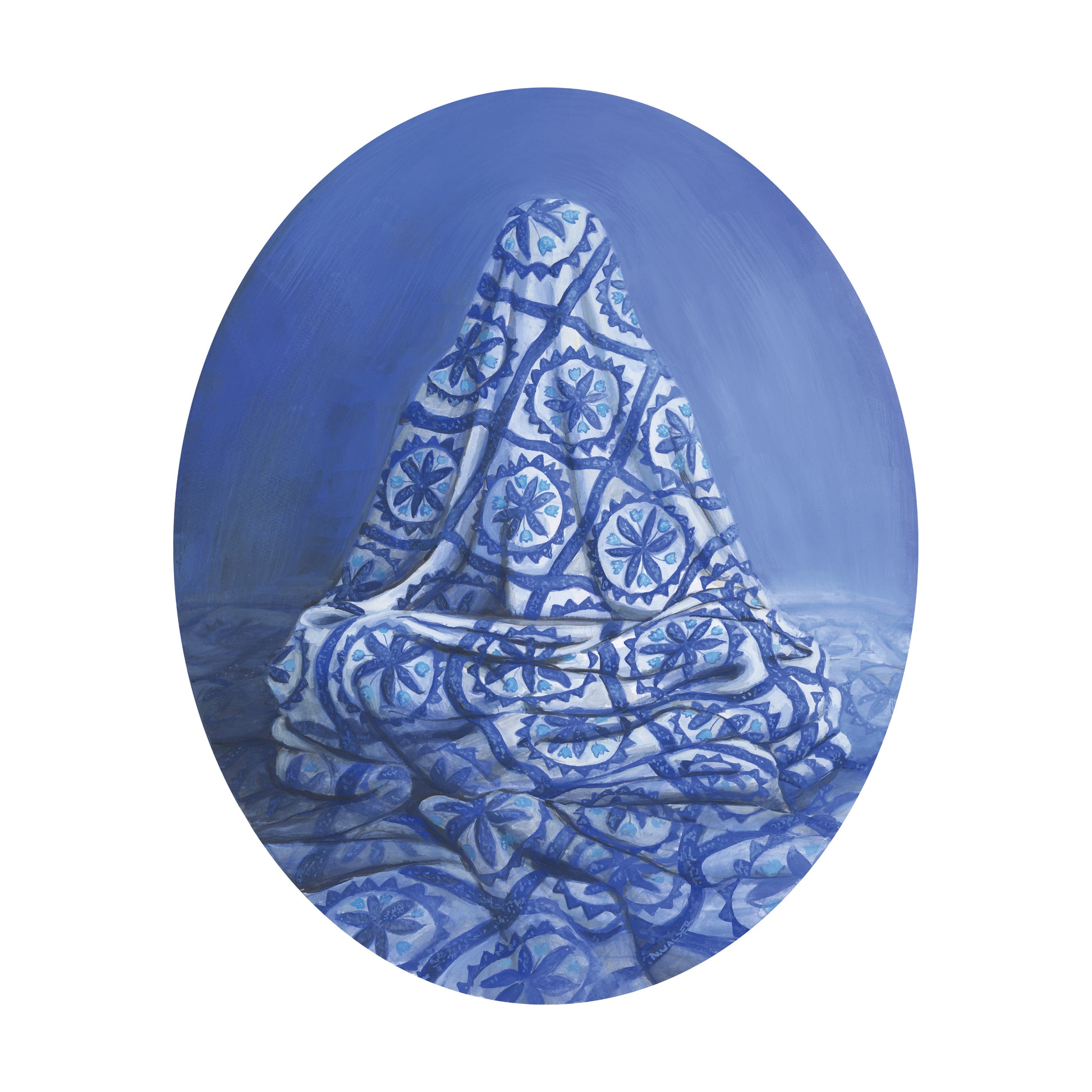 Blue patterned quilt with a figure sitting underneath