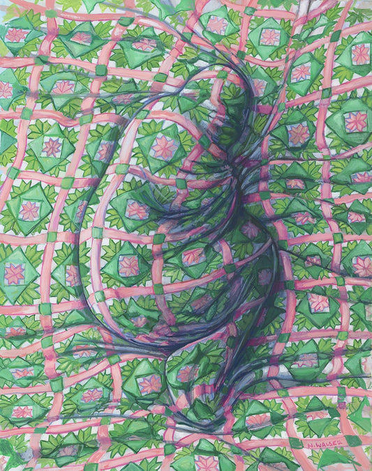 Colorful abstract quilt design with geometric patterns on a green and pink background with figure underneath