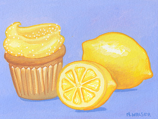 Illustration of a cupcake with lemon frosting and two lemons on a blue background