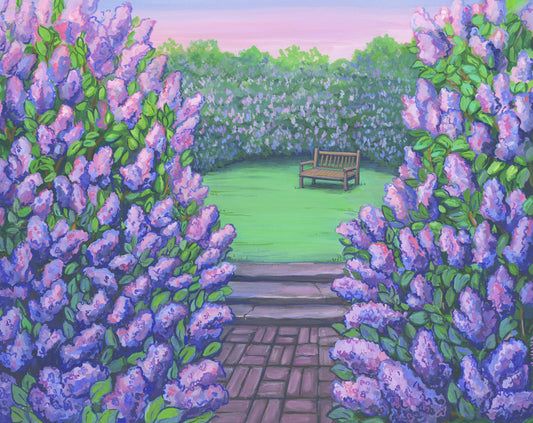 Garden scene with a wooden bench surrounded by purple lilac flowers