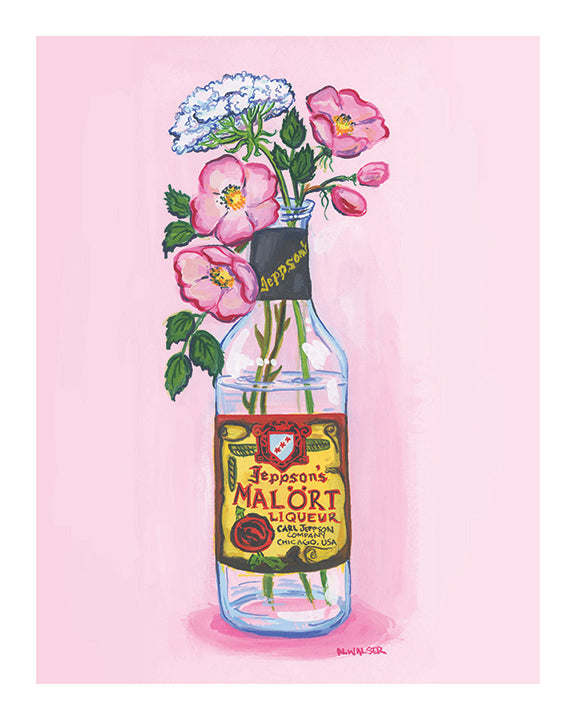 Vintage bottle of Malort with floral arrangement against a pink background