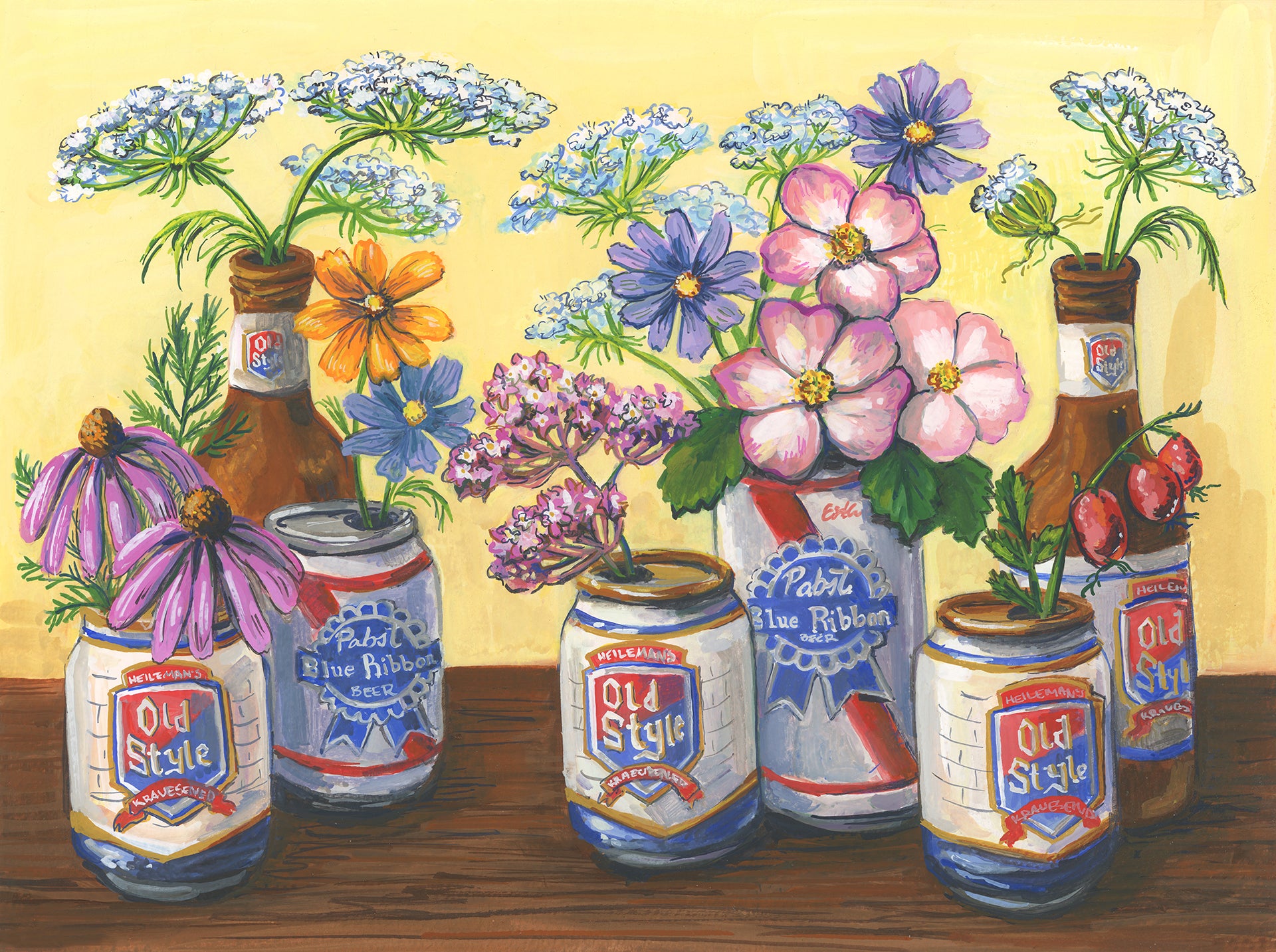 Decorative arrangement of flowers in Old Style beer cans on a wooden surface with a yellow background.
