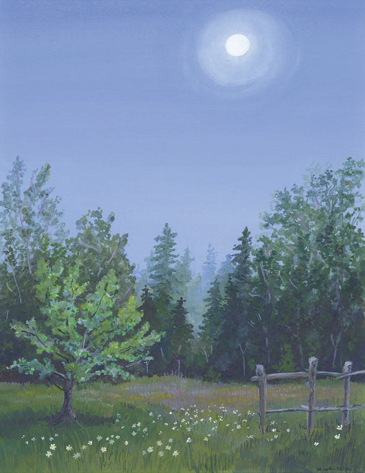 Painting of a moonlit forest with trees and a wooden fence.