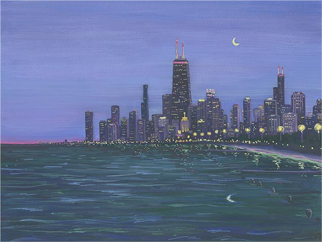 City of Chicago skyline at night with illuminated buildings and a crescent moon.