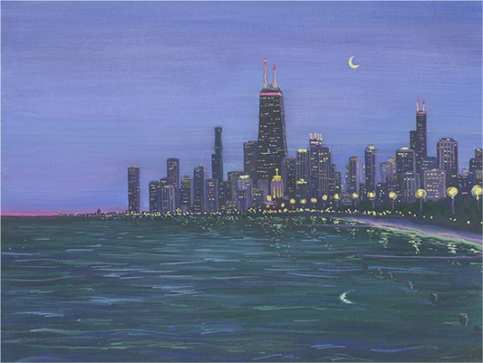 City of Chicago skyline at night with illuminated buildings and a crescent moon.