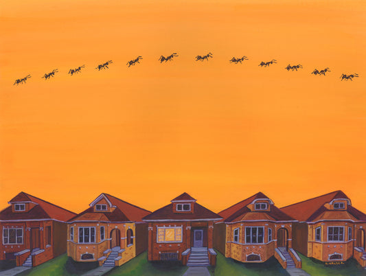 Houses with a line of ants in the sky against an orange background