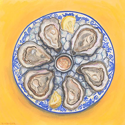 Illustration of oysters on a blue plate with a yellow background
