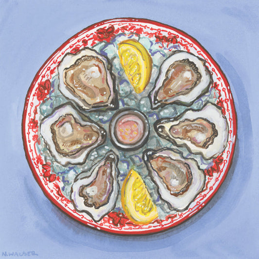 Illustration of oysters on a plate with lemon wedges on a blue background