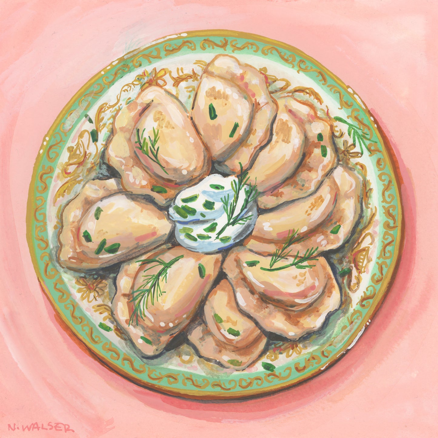 Illustration of pierogi on a decorative plate with a pink background