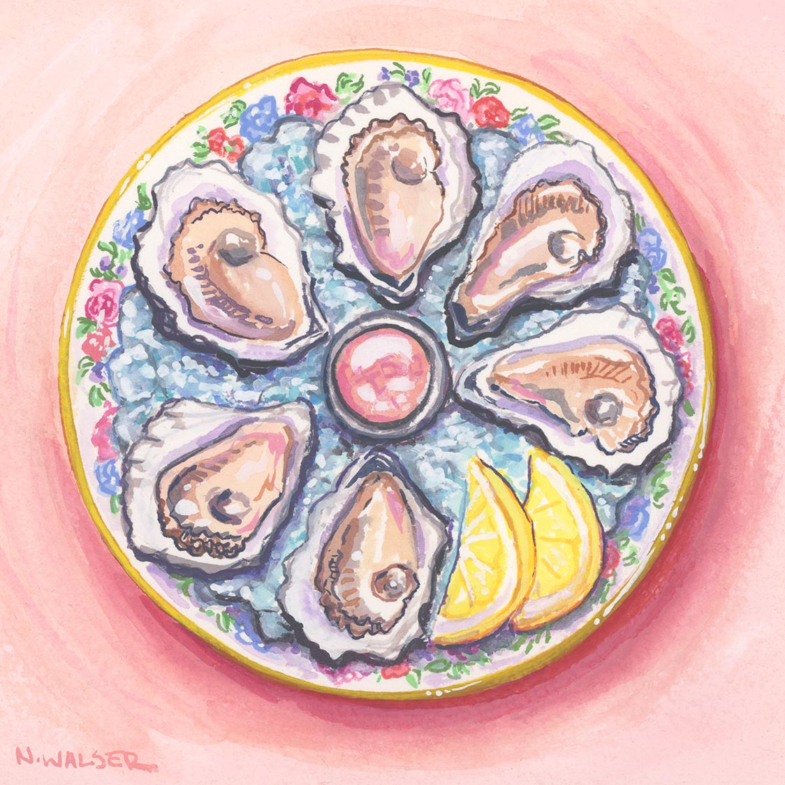Illustration of oysters on a plate with lemon wedges and flowers on a pink background