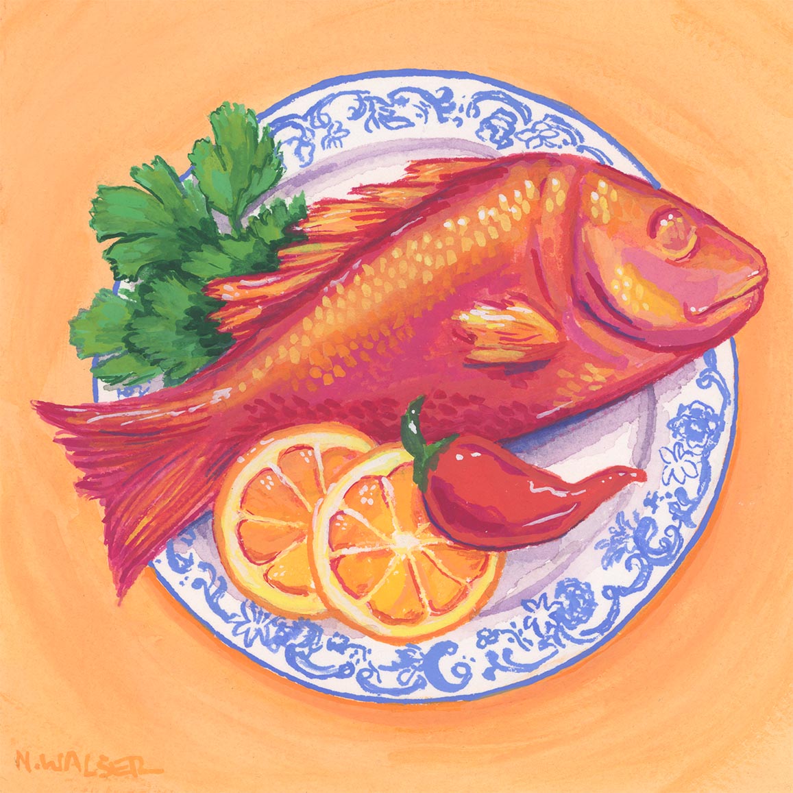 Illustration of a red fish on a decorative plate with lemon slices and a pepper on an orange background