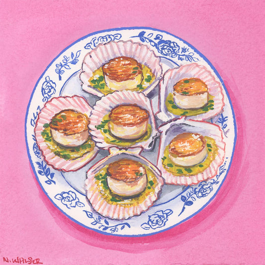 Illustration of scallops on a decorative plate with a pink background