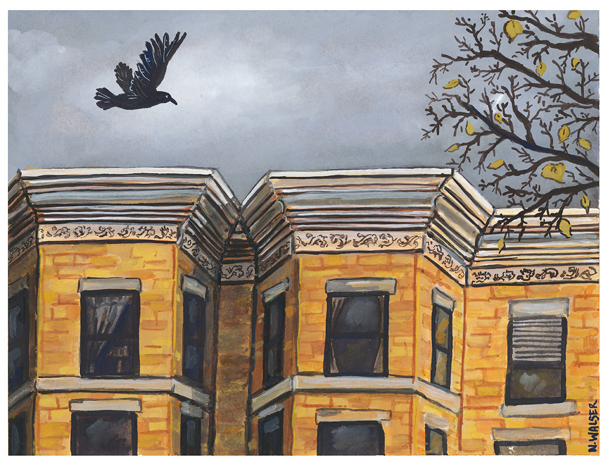 Painting of a row of yellow buildings with a bird flying above and a tree with autumn leaves.