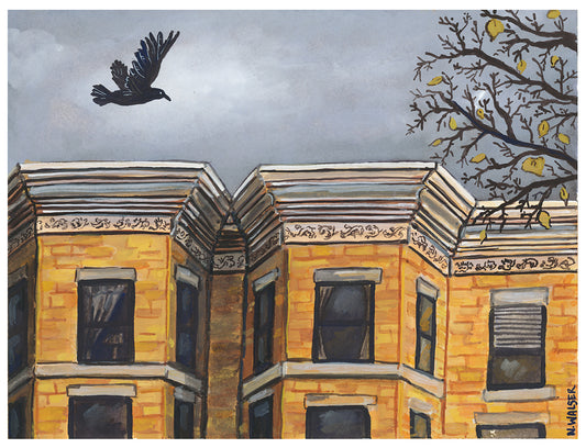 Painting of a row of yellow buildings with a bird flying above and a tree with autumn leaves.