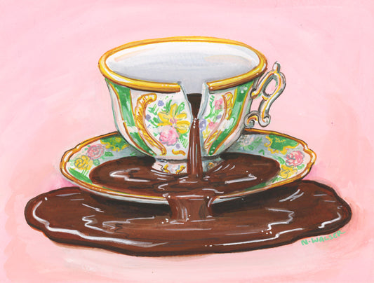 Decorative teacup and saucer broken and leaking on a pink background