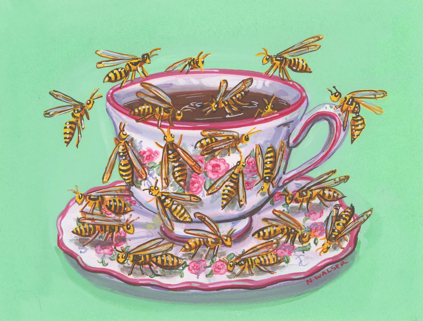 Teacup with wasps on a pink floral saucer against a green background