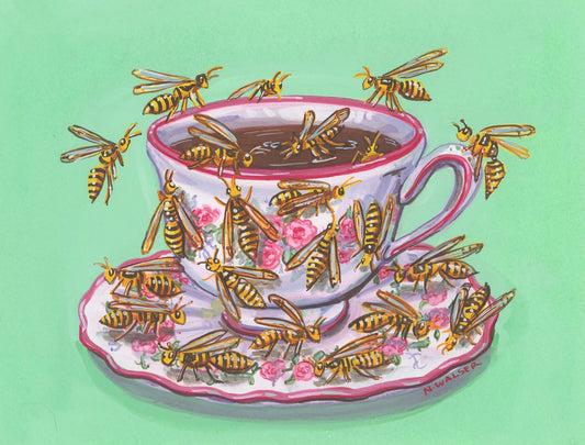 Teacup with wasps on a pink floral saucer against a green background