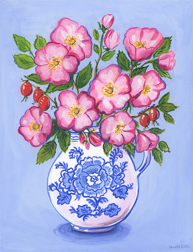 Decorative painting of a blue and white vase with pink flowers and green leaves on a light blue background.