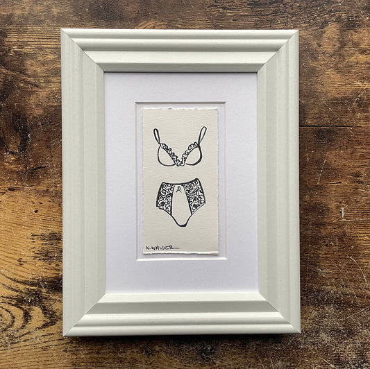 BLack and White illustration of bra and panties.