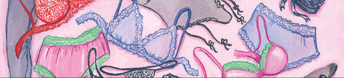 Colorful illustration of various lingerie items on a pink background
