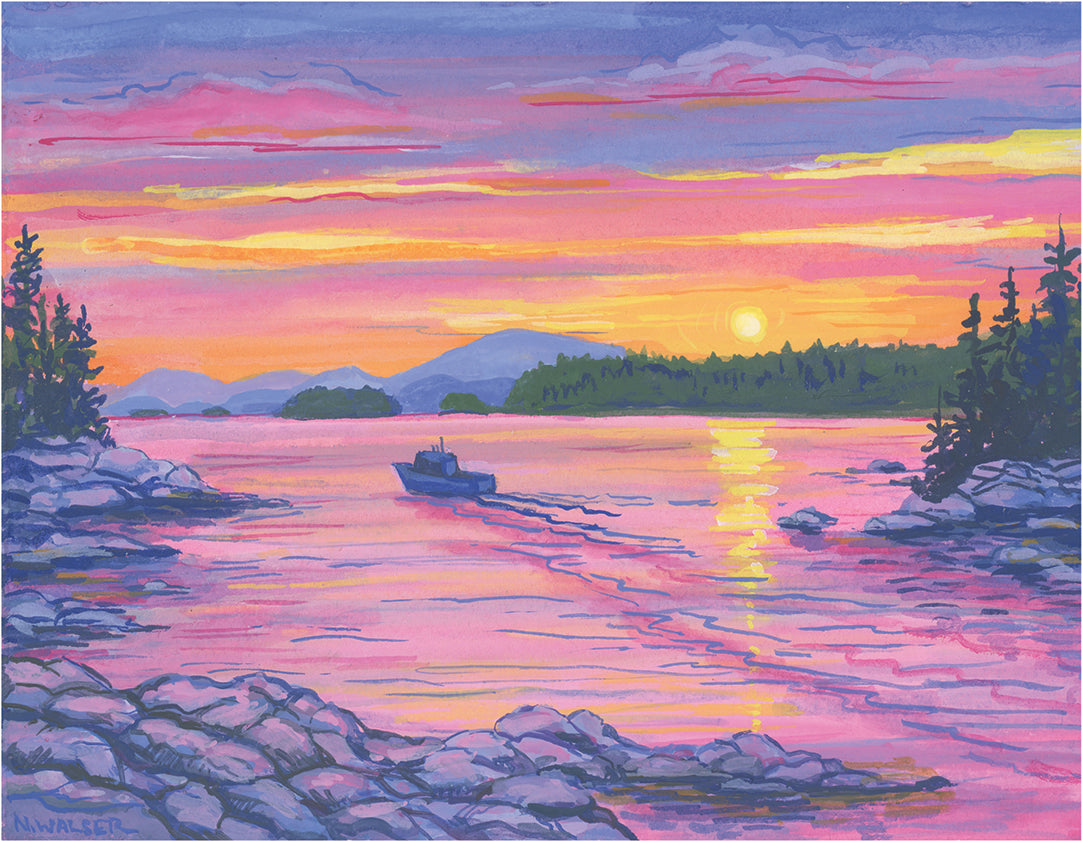 Colorful sunset over a lake with a boat and trees