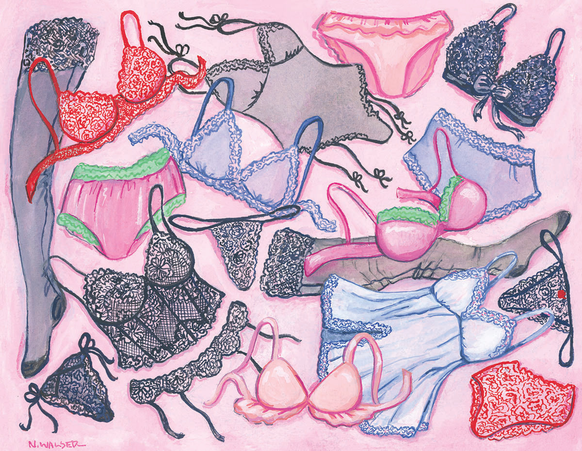 Colorful illustration of various lingerie items on a pink background