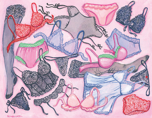 Colorful illustration of various lingerie items on a pink background