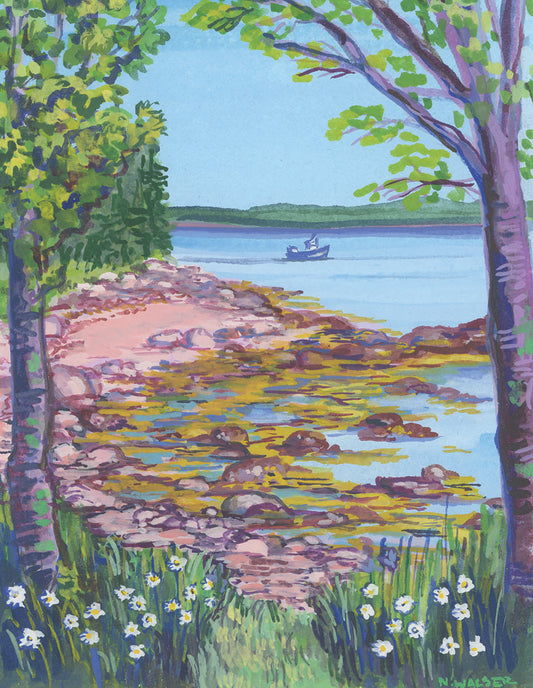 Colorful painting of a lakeside scene with trees, rocks, and a boat.