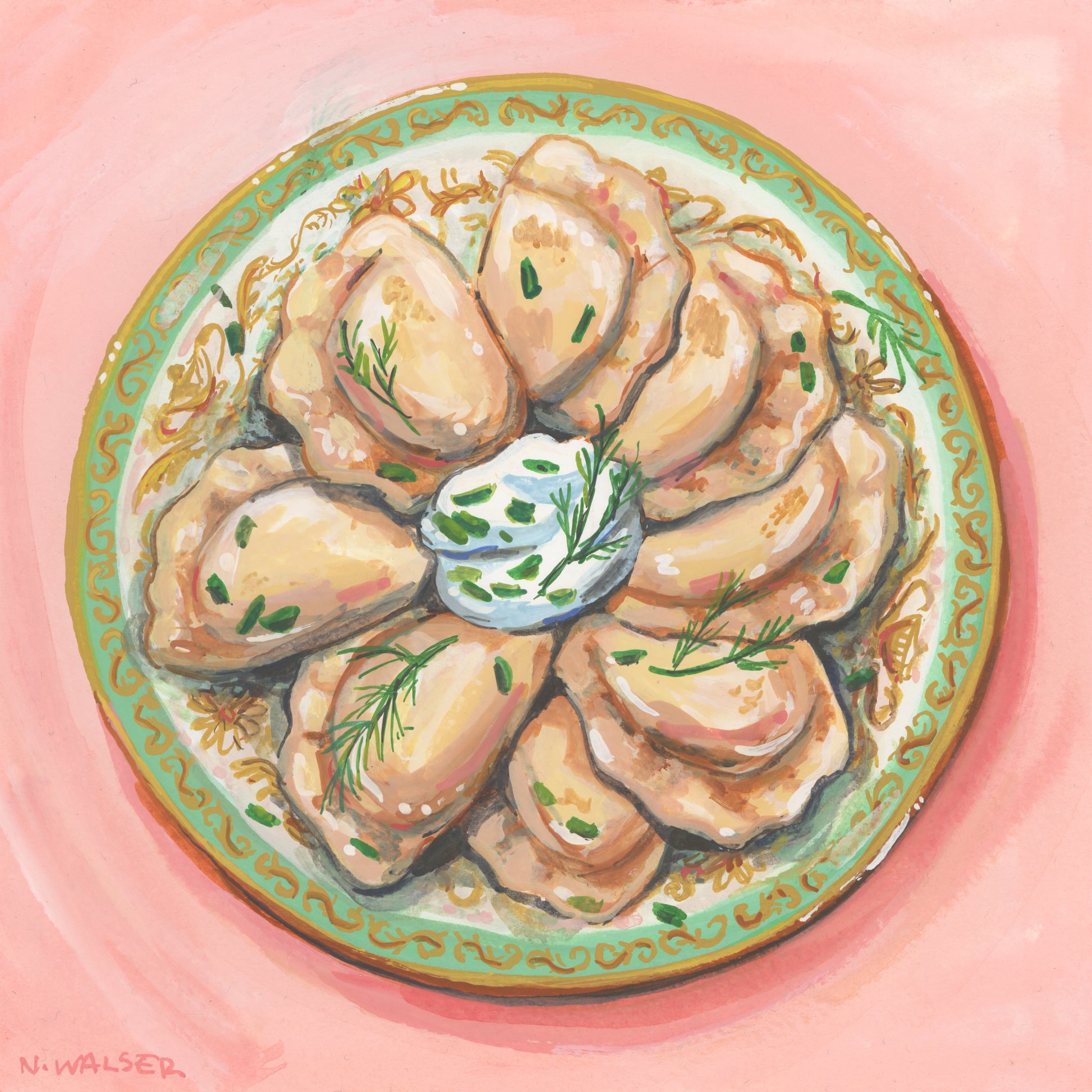 Illustration of pierogi on a decorative plate with a pink background