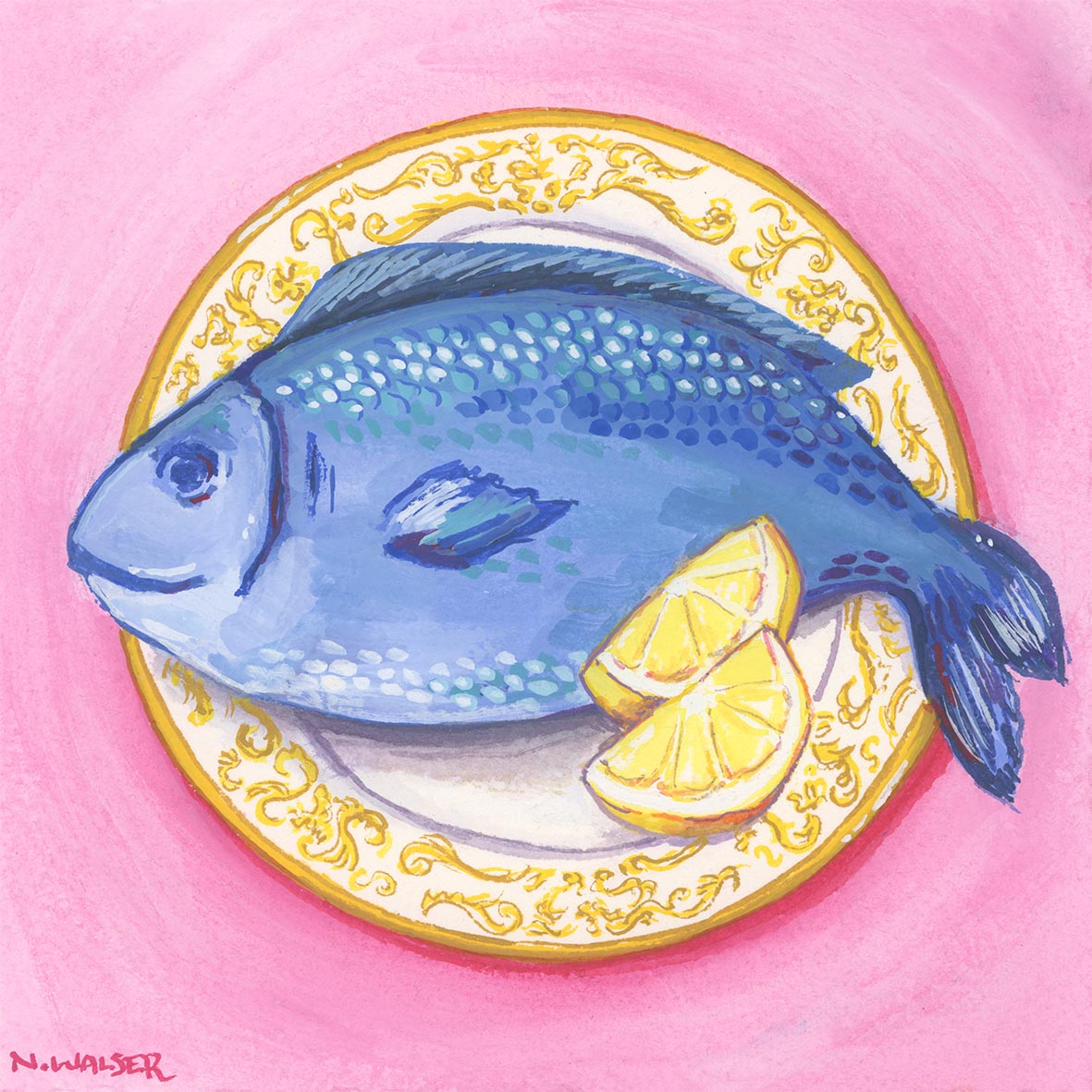 Blue fish on a decorative plate with lemon wedges on a pink background