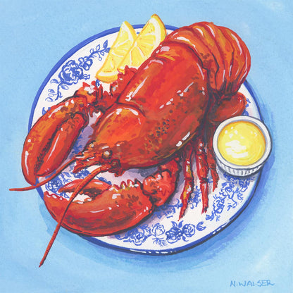 Illustration of a lobster on a decorative plate with lemon wedges and butter, against a blue background.