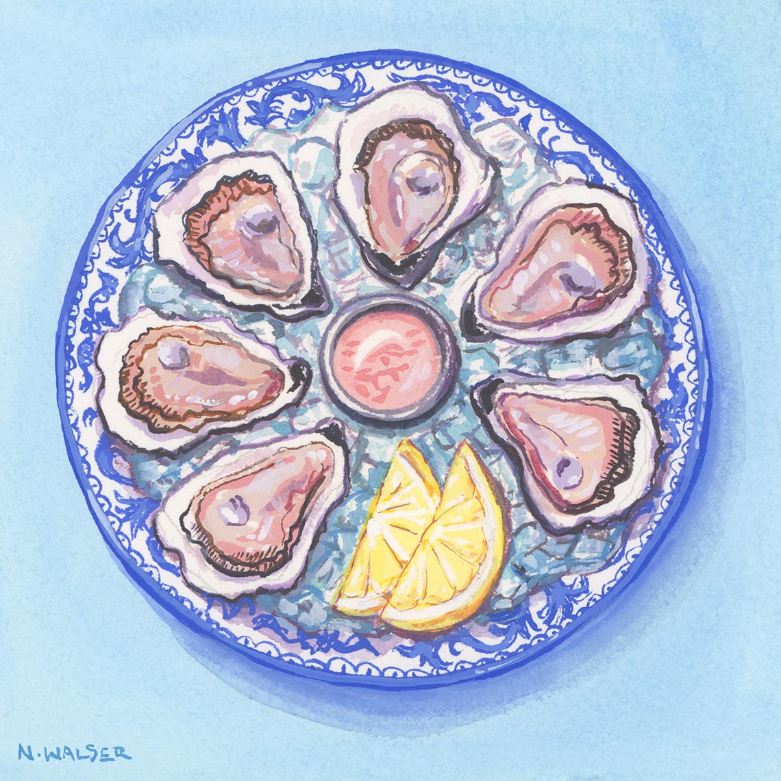 Illustration of oysters on a blue plate with lemon wedges against a light blue background