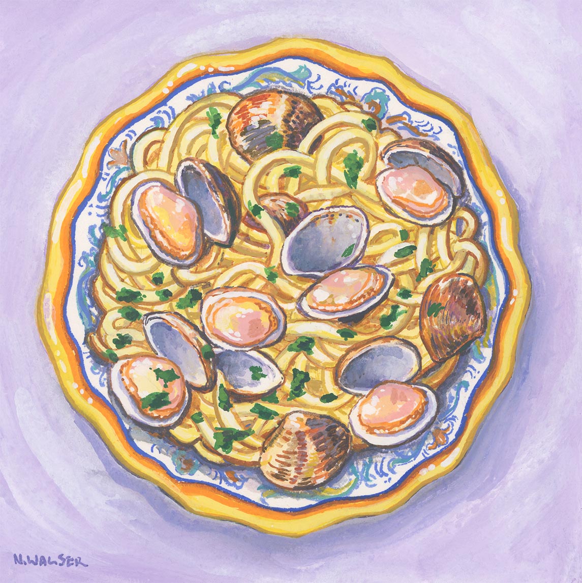 Artistic illustration of a plate of pasta with clams on a purple background