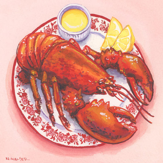 Illustration of a lobster on a decorative plate with lemon wedges and butter, on a pink background.