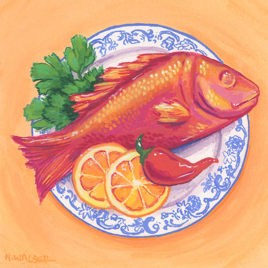 Illustration of a red fish on a decorative plate with lemon slices and a pepper on an orange background
