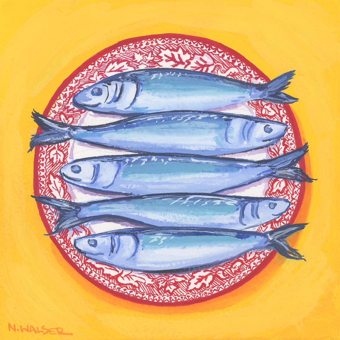 Illustration of blue fish on a red and white plate with a yellow background